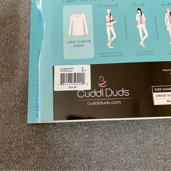 Cuddl Duds Fleecewear with Stretch Charcoal Long Sleeve Crew Small - Picture 6 of 6